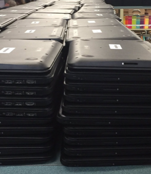 Stacks of chromebooks awaited new owners in March of 2022. When Covid shutdown schools, students were issued individual chromebooks so they could continue school online. Today, many of the Covid policies and educational practices are still with us, but more and more teachers are relying on in-person instruction and no longer rely on daily chromebook use.