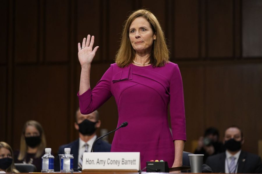 Judge Amy Coney Barrett is sworn in during hearings to replace Ruth Bader Ginsberg who pass away at the end of September.