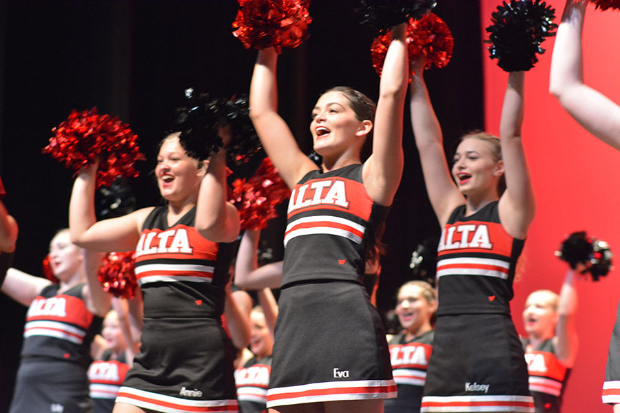The cheerleaders hyped up the crowd at this years Hello Assembly last Firday. 