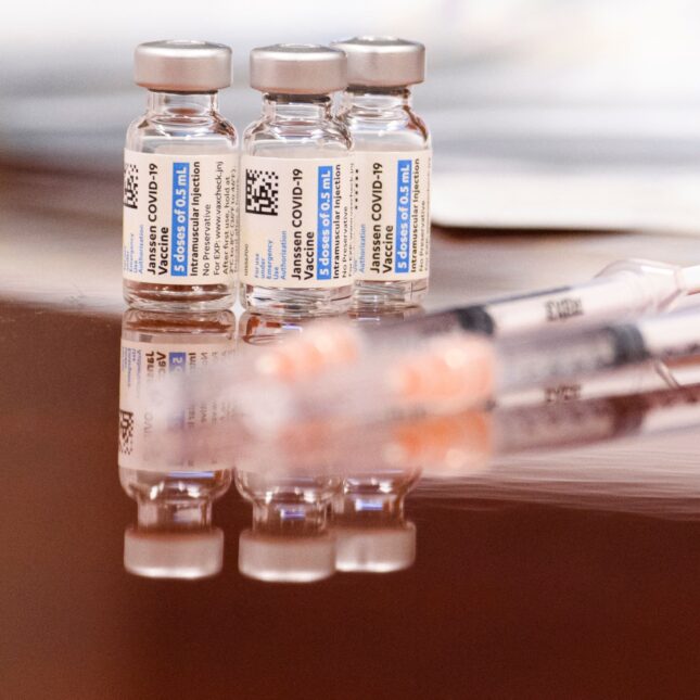 Vials and syringes of the Johnson and Johnson Janssen Covid-19 vaccine are displayed for a photograph at a Culver City Fire Department vaccination clinic on August 5, 2021, in California. 