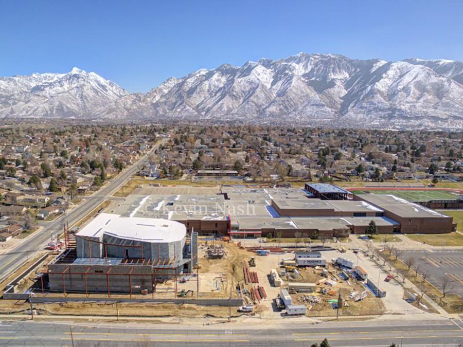 This aerial view of the Performing Arts Center was taken in March of 2019. The auditorium took over two years to build. Other projects at the school include the commons, gym, fieldhouse, and new student services offices.