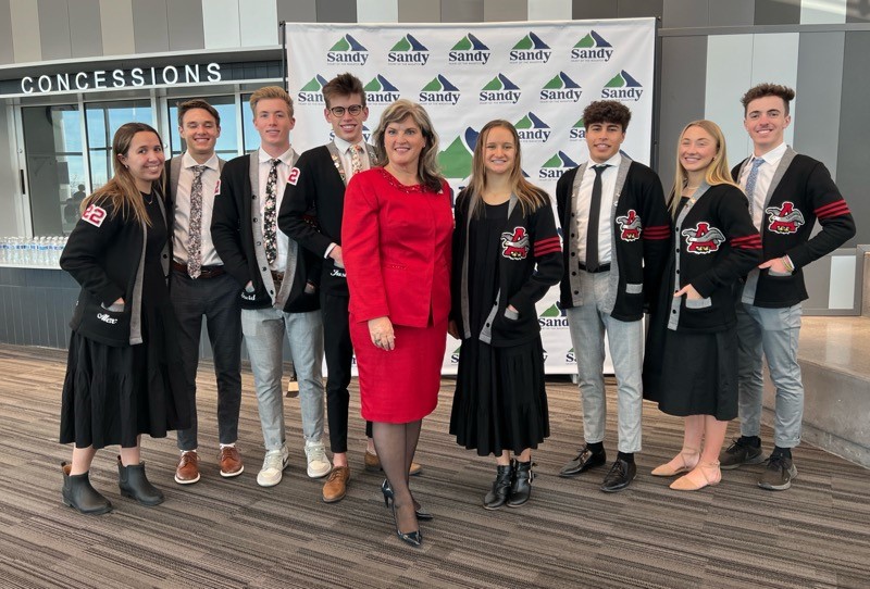 Newly elected Sandy Mayor Monica Zoltanski poses with Alta Student Body Officers prior to the citys swearing in ceremony for the Mayor and newly elected members of the City Council.