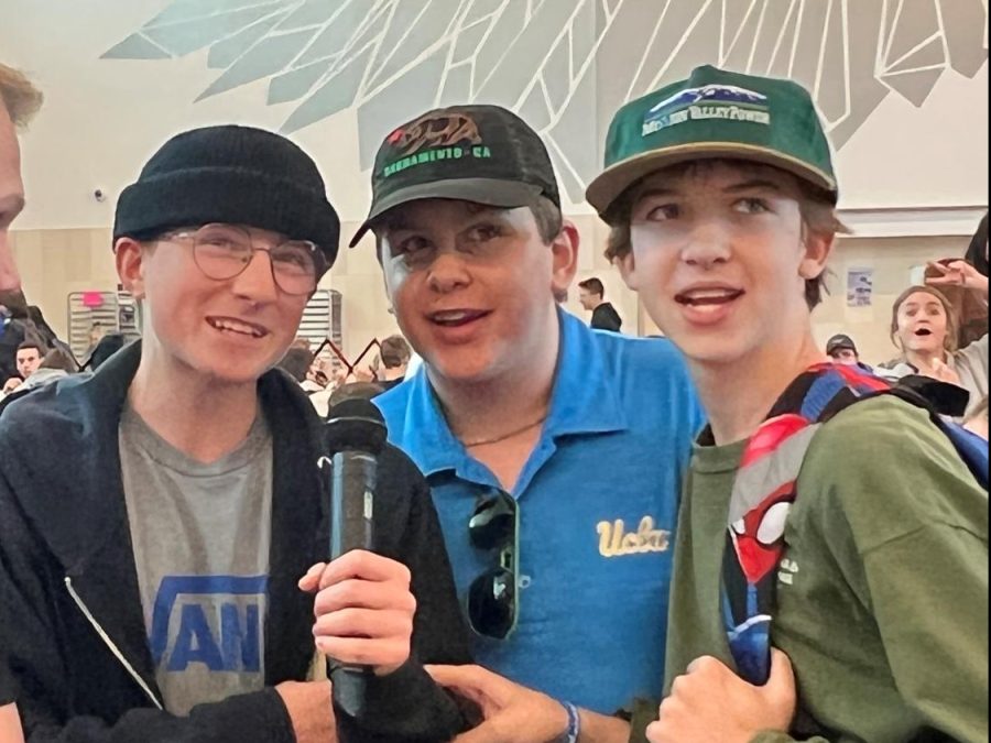 Domenic Mastroianni, Kason Seamons, and Connor Bradshaw participate in Legacy Week Karoke during second lunch on Tuesday.