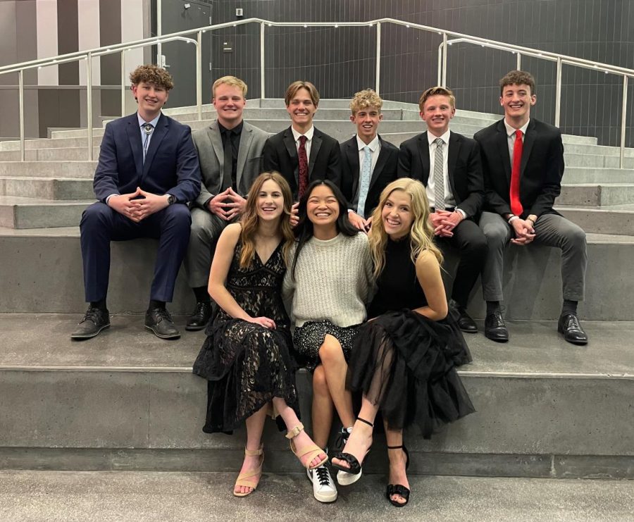 2022-23 Student Body Officers pose after last night inauguration ceremony.
Front Row: Paige Haddock (Financial Chair), Kimmy Ha (Historian), Cali Jeppson (AVO); Back Row: J.J. Sullivan (Attorney General), Ian Smith (Public Relations), Taylor Hadfield (Secretary), Jake Motzkus (Vice-President), Josh Anderson (Chief of Activities), Zach Scheffner (President).