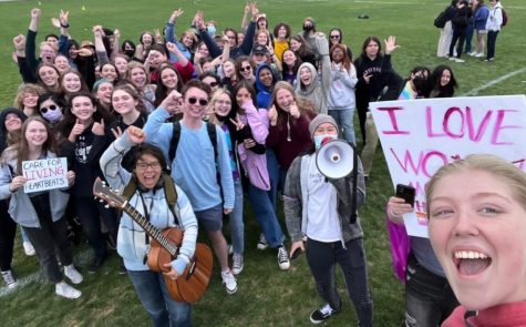 Over 100 Alta students gather on the soccer field for an abortion rights walkout.