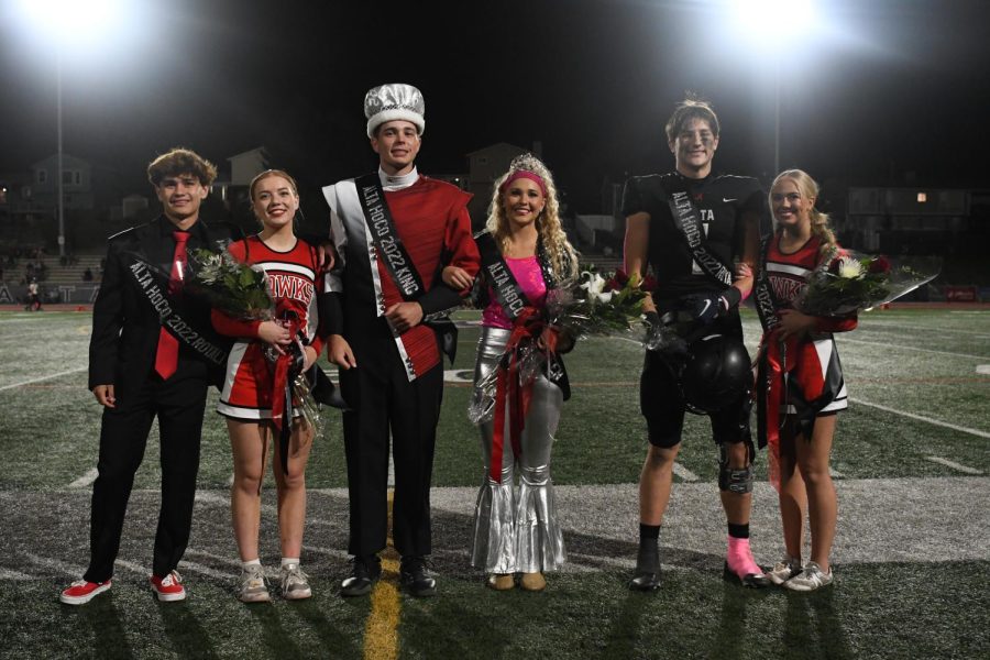 This years Homecoming Royalty pose at the conclusion of the halftime extravaganza. They are (left to right): Alex Lopez and Audrey Kremser (first attendants), Sam Mazuran and Destiny Howard (King and Queen), and Boston Blanco and Kennedy Guth (second attendants).