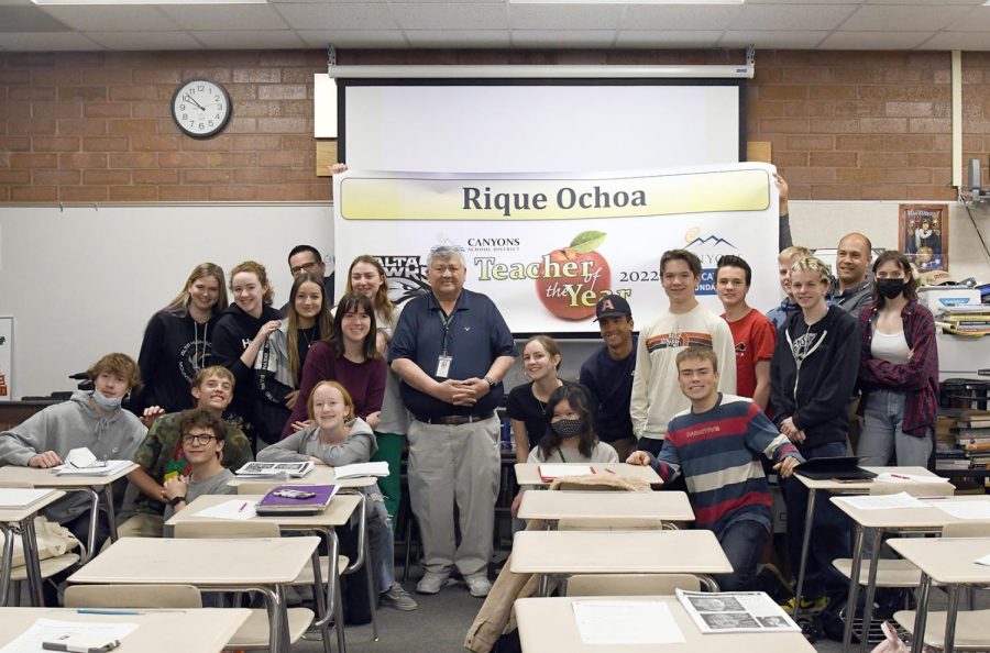Rique Ochoa, 2022 Alta Teacher of the Year, poses with his advisory class shortly after he received the award. Ochoa, like other teachers got into the profession to make a difference in the lives of young people.