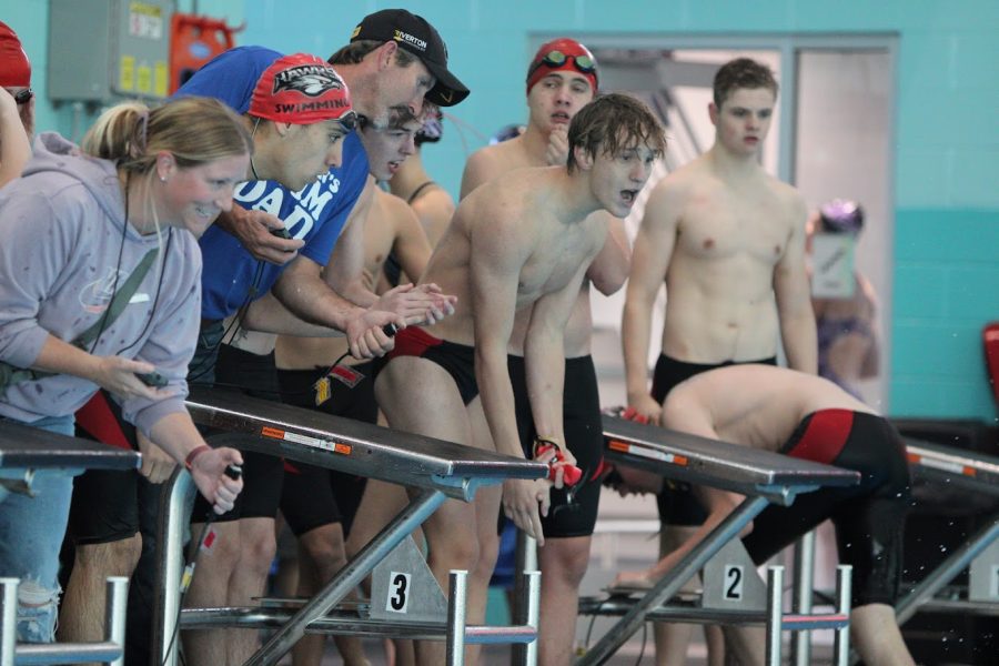 Swim team members cheer on their teammates to the finish.