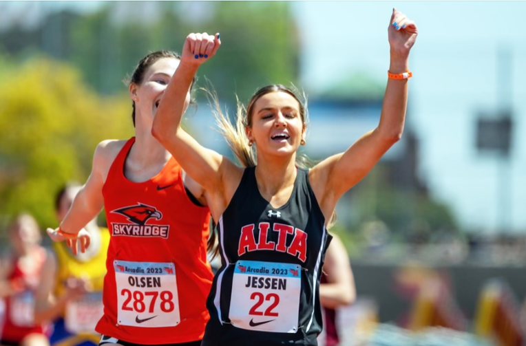 Elyse+Jessen+crosses+the+finish+line+in+her+800+meter+run+at+the+Arcadia+Invitation+earlier+this+track+season.+Elyse+says+you+always+have+more+in+you+than+you+think.+She+put+that+mantra+to+the+test+and+won+the+race.